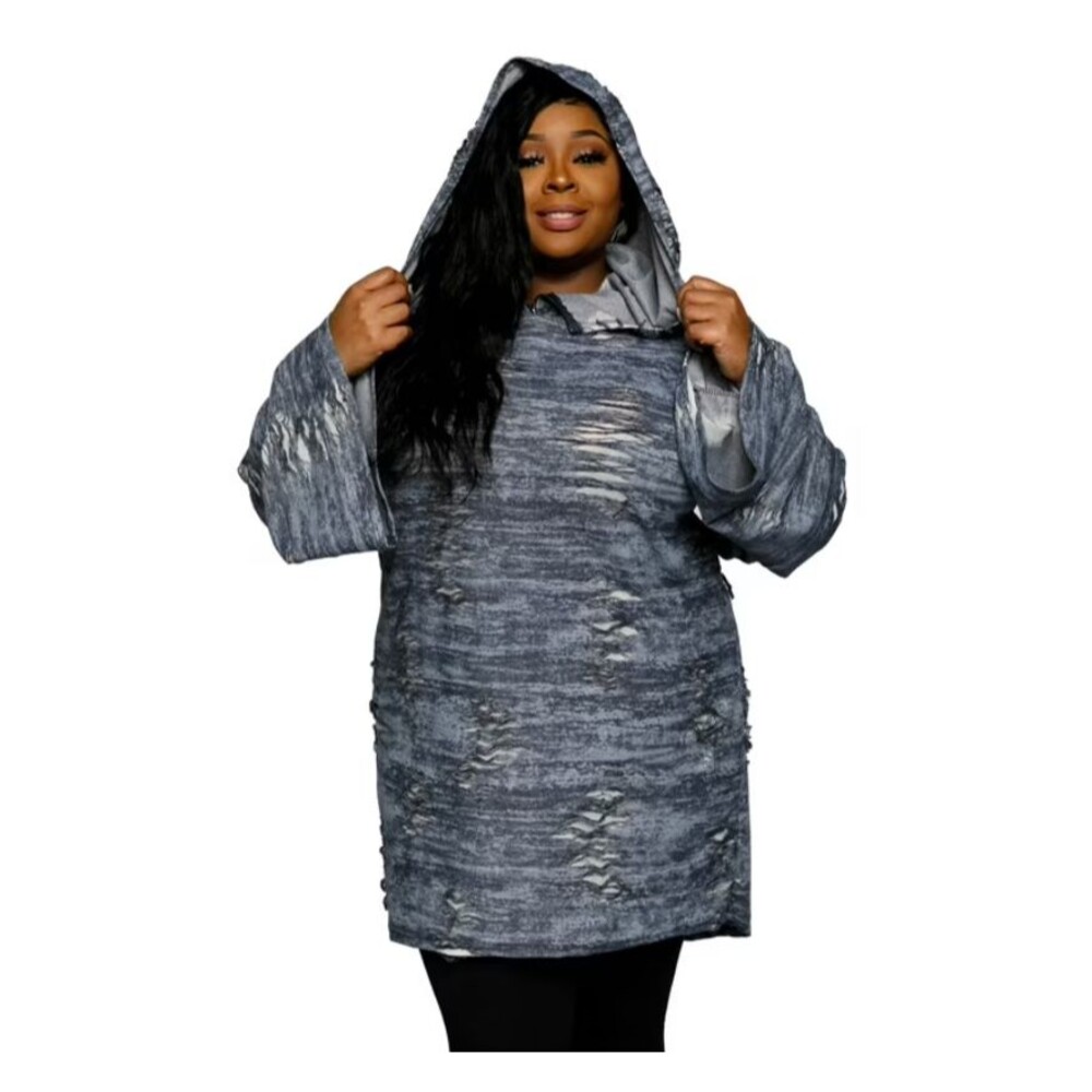 K + Glam Hoodie Tunic Top Gray Distressed Ripped Oversized Streetwear Grunge 2X